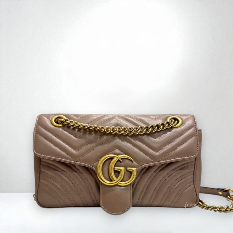 JS0835-Gucci Marmont裸粉色金釦中號下蓋斜背包443497-0