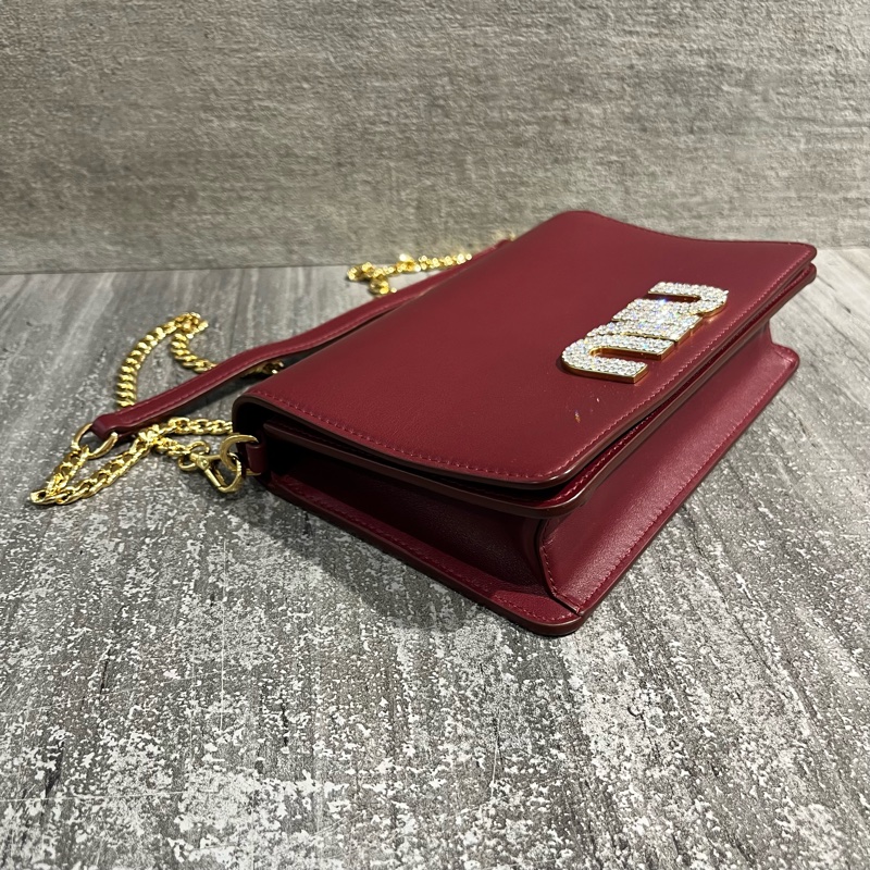 二手美品 miu miu 酒紅色小牛皮鏈包 晚宴包 發財包WOC-1