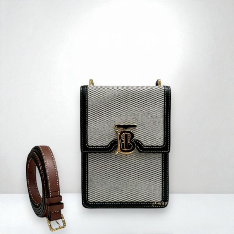 JS1284-Burberry Robin黑牛皮拚棕金扣手機包-0