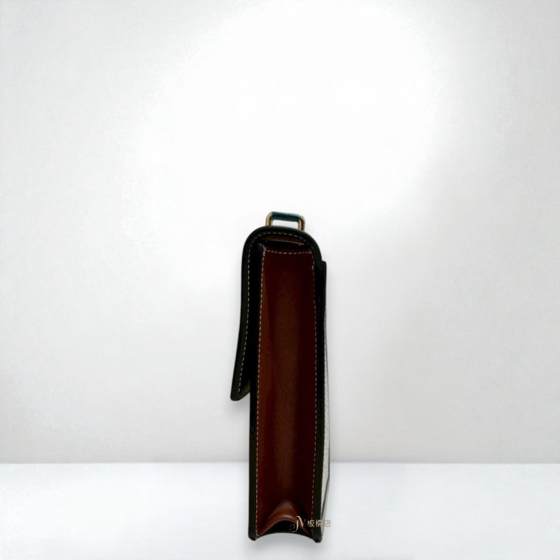 JS1284-Burberry Robin黑牛皮拚棕金扣手機包-1