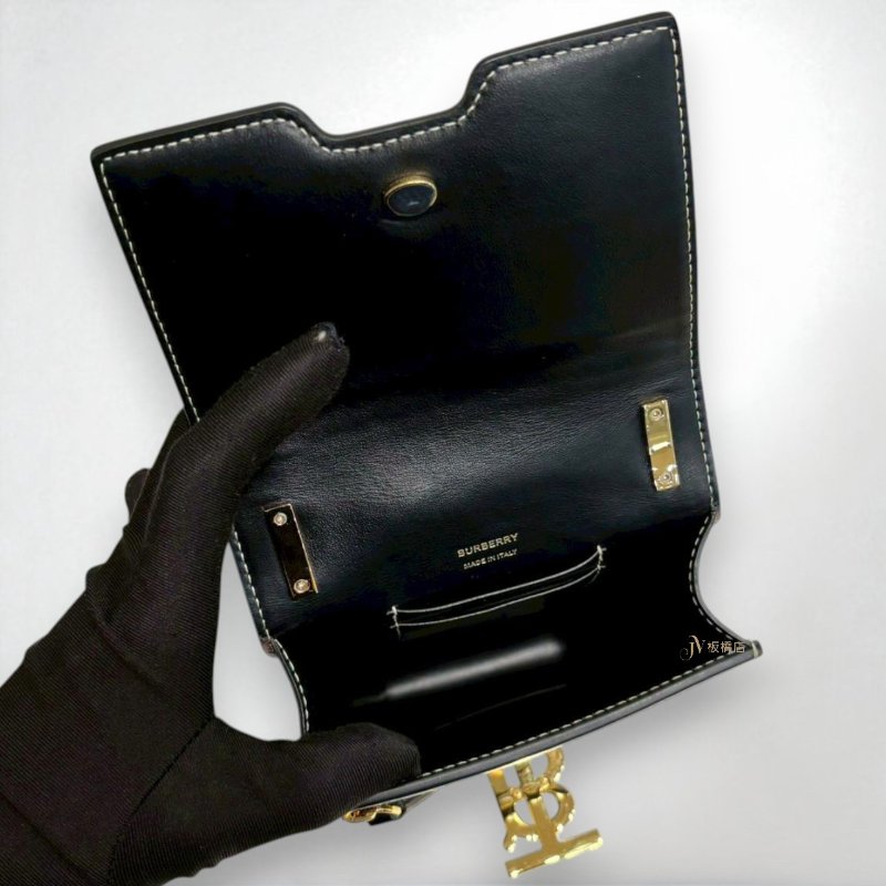 JS1284-Burberry Robin黑牛皮拚棕金扣手機包-6