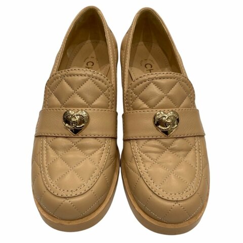 CHANEL 香奈兒 經典菱格紋樂福跟鞋 皮革 拿鐵色 37.5碼