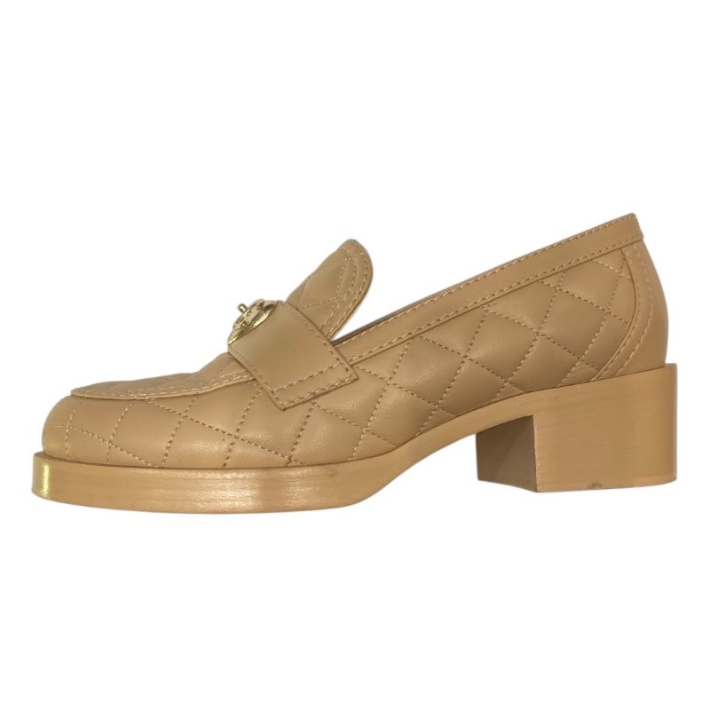 CHANEL 香奈兒 經典菱格紋樂福跟鞋 皮革 拿鐵色 37.5碼-3