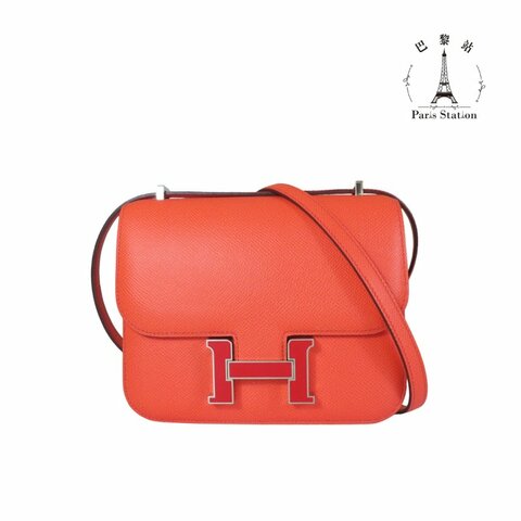 【巴黎站二手名牌專賣店】＊現貨＊HERMES 愛馬仕 真品＊Z刻MINI Constance 18橘紅色琺瑯H康康肩背斜背包