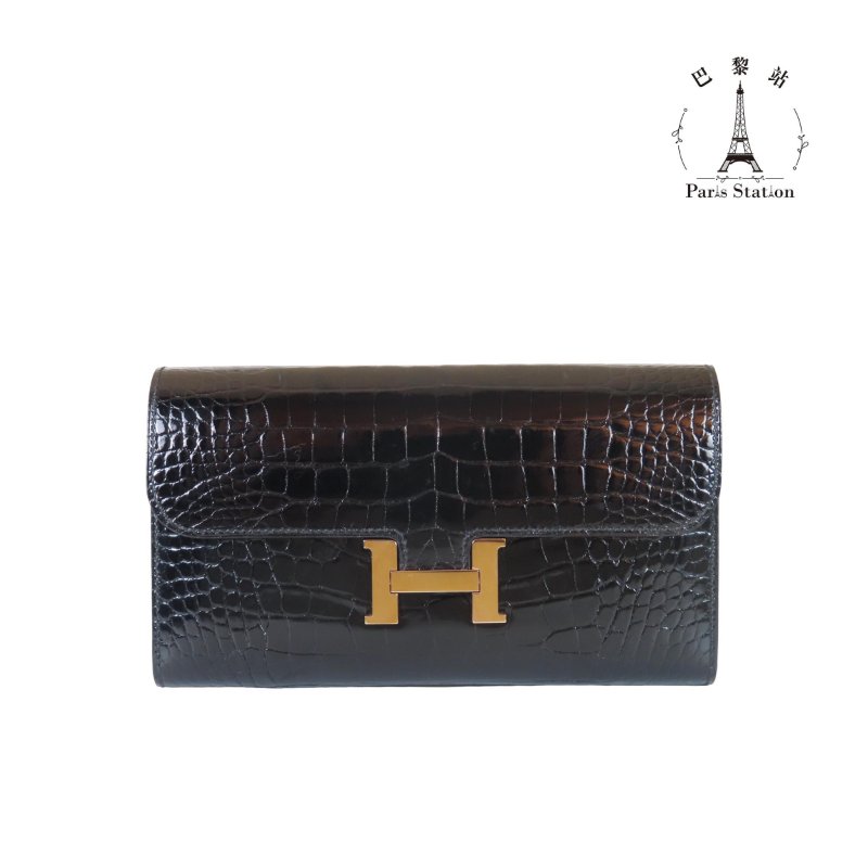 【巴黎站二手名牌專賣店】*現貨*HERMES愛馬仕真品*A刻CONSTANCE 黑色鱷魚皮玫瑰金色H壓釦康康長夾-0