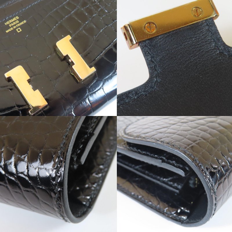【巴黎站二手名牌專賣店】*現貨*HERMES愛馬仕真品*A刻CONSTANCE 黑色鱷魚皮玫瑰金色H壓釦康康長夾-6