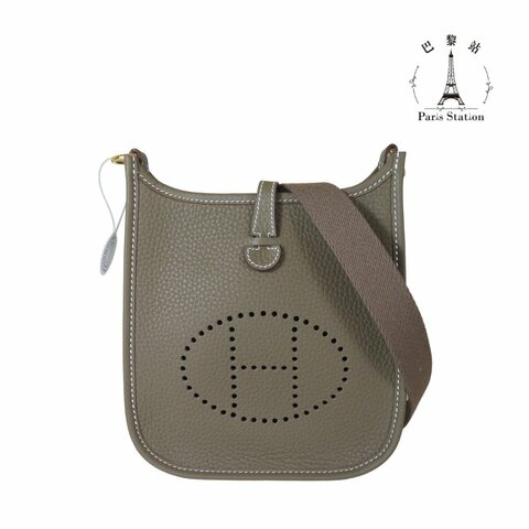 【巴黎站二手名牌專賣店】＊現貨＊HERMES 愛馬仕 真品＊K刻 Mini Evelyne 16大象灰小牛皮金釦鏤空洞H LOGO灰背帶肩背斜背包