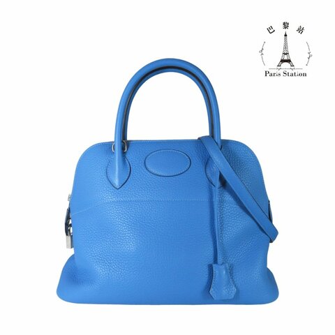 【巴黎站二手名牌專賣店】＊現貨＊HERMES 愛馬仕 真品＊T刻BOLIDE 31天藍色銀釦牛皮柏莉包 手提肩背斜背包