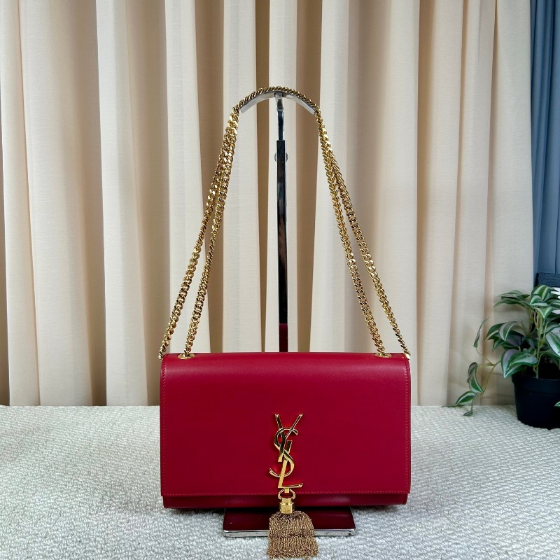 YSL聖羅蘭紅色流蘇鏈條包 紅金配色 鏈條肩帶 流蘇裝飾 容量日常夠用 單肩斜挎都可以 氣質很讚-0