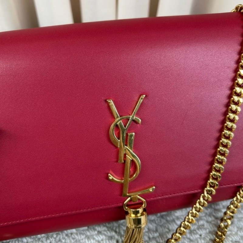YSL聖羅蘭紅色流蘇鏈條包 紅金配色 鏈條肩帶 流蘇裝飾 容量日常夠用 單肩斜挎都可以 氣質很讚-24
