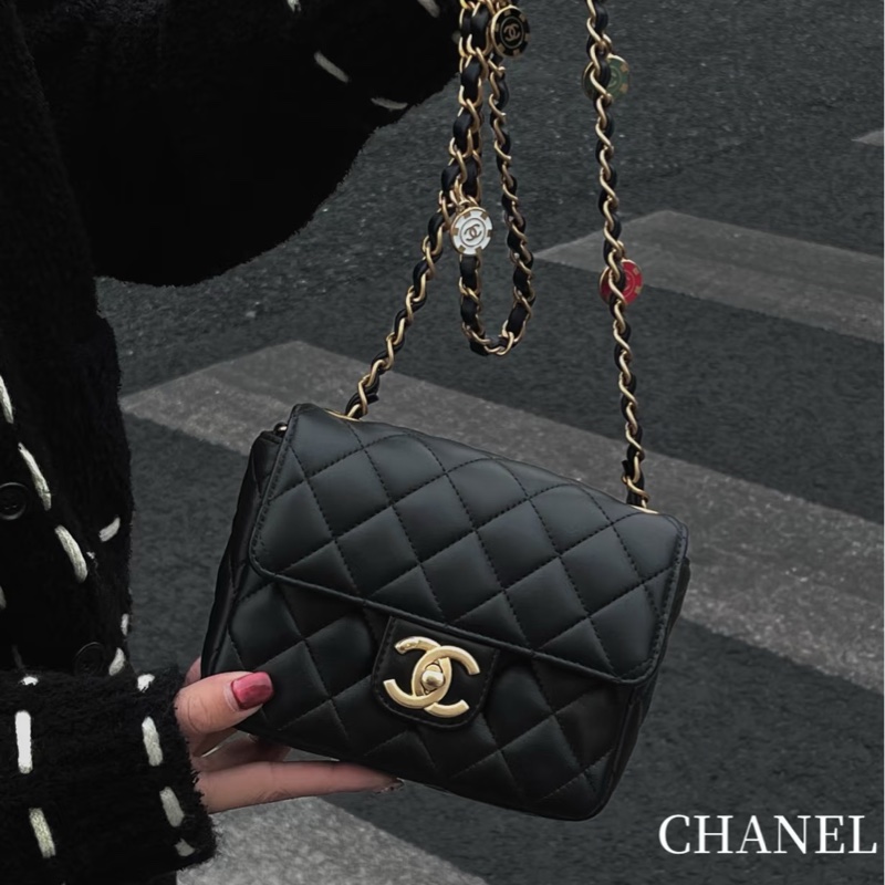 活潑貴氣感🦢99新🆕Chanel黑金23C彩色琺瑯籌碼金幣鏈條方胖子斜挎單肩包-6