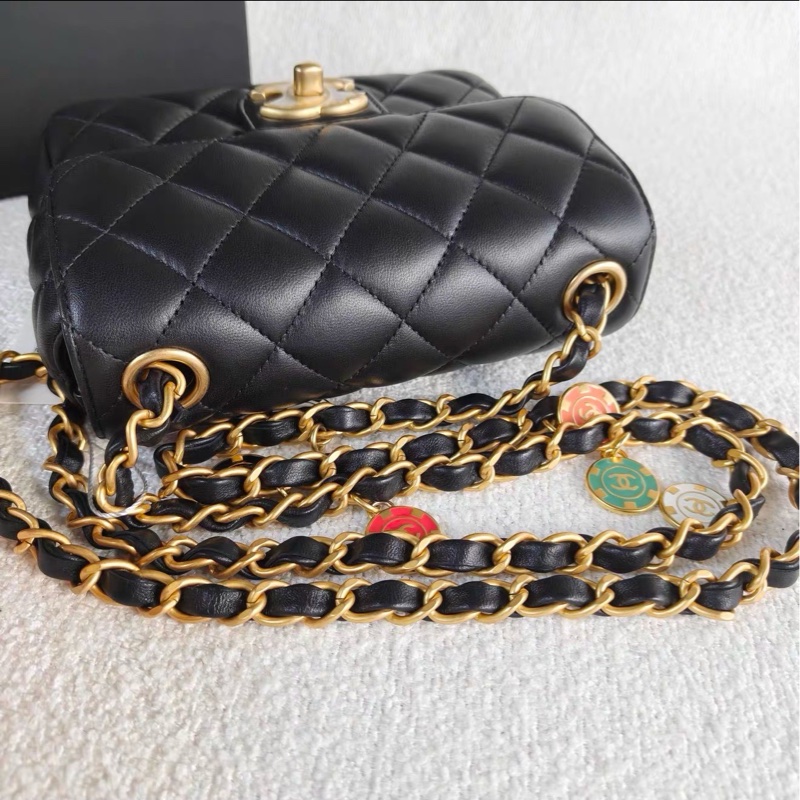 活潑貴氣感🦢99新🆕Chanel黑金23C彩色琺瑯籌碼金幣鏈條方胖子斜挎單肩包-12