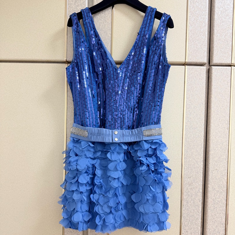 77)全新黃淑琦正品藍色短版兩片洋裝 M號-9