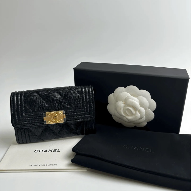 CHANEL Boy 荔枝皮黑金卡包-0