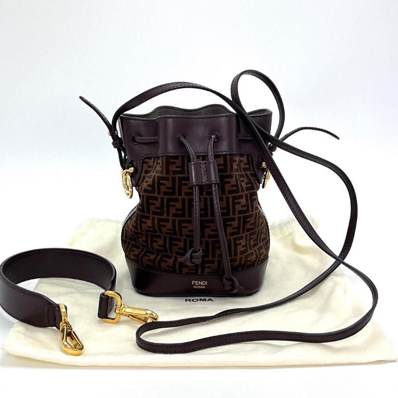 FENDI印花麂皮 mini棕色皮革抽繩水桶手提斜背包12*17*10 98新配件塵袋-1