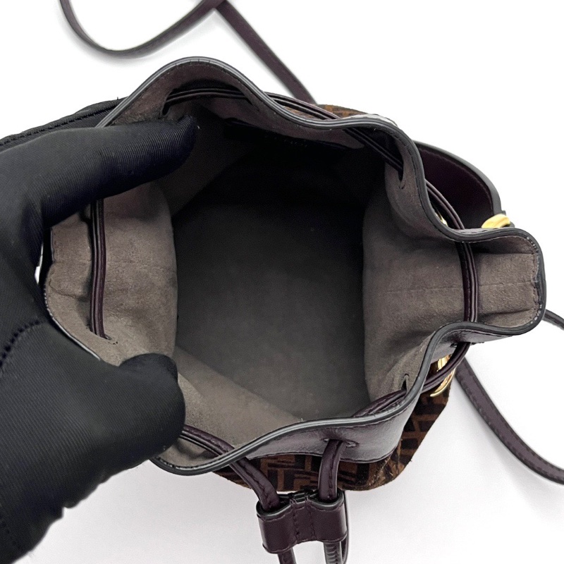 FENDI印花麂皮 mini棕色皮革抽繩水桶手提斜背包12*17*10 98新配件塵袋-2