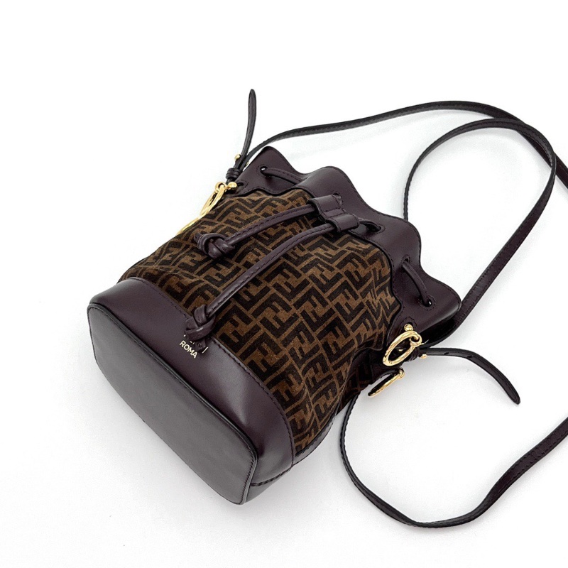 FENDI印花麂皮 mini棕色皮革抽繩水桶手提斜背包12*17*10 98新配件塵袋-3