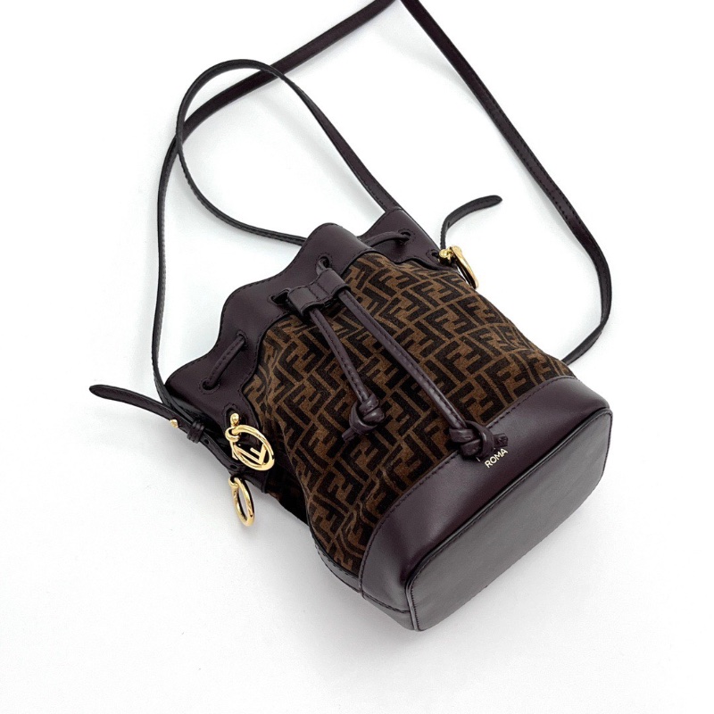 FENDI印花麂皮 mini棕色皮革抽繩水桶手提斜背包12*17*10 98新配件塵袋-5