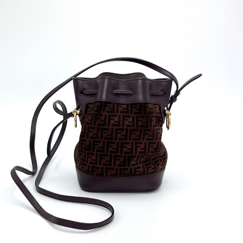 FENDI印花麂皮 mini棕色皮革抽繩水桶手提斜背包12*17*10 98新配件塵袋-6