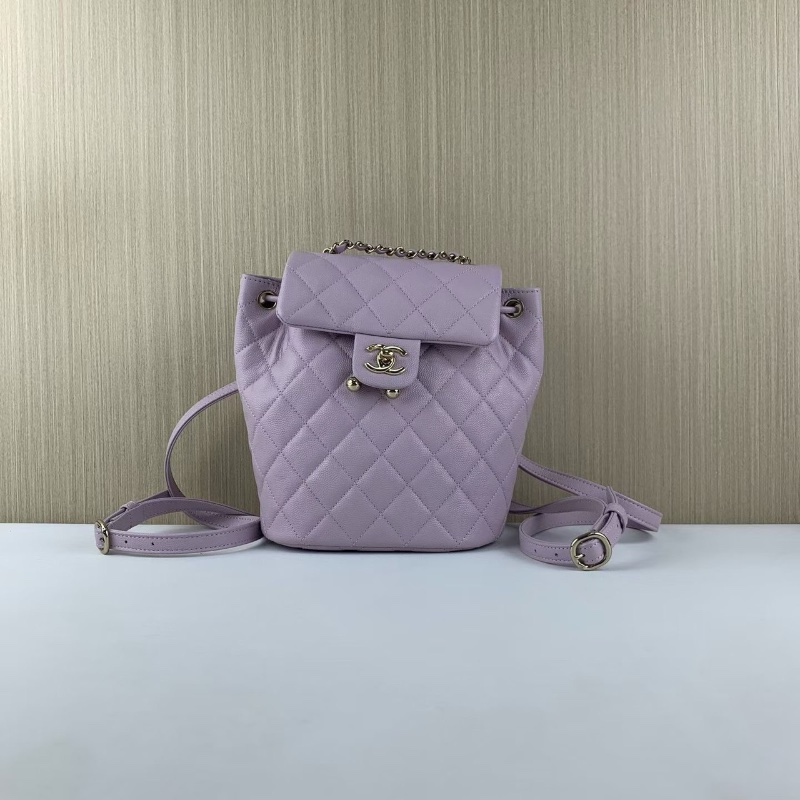 Chanel薩爾茨堡後背包淡紫色 荔枝紋牛皮24S芯片款 98新配件塵袋購證 23*18*10-4