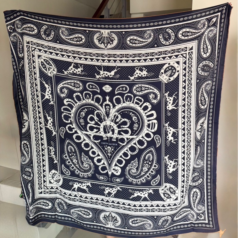 💖Hermes 140 cashmere 絲巾 披肩 圍巾💖 深藍色 全新-0