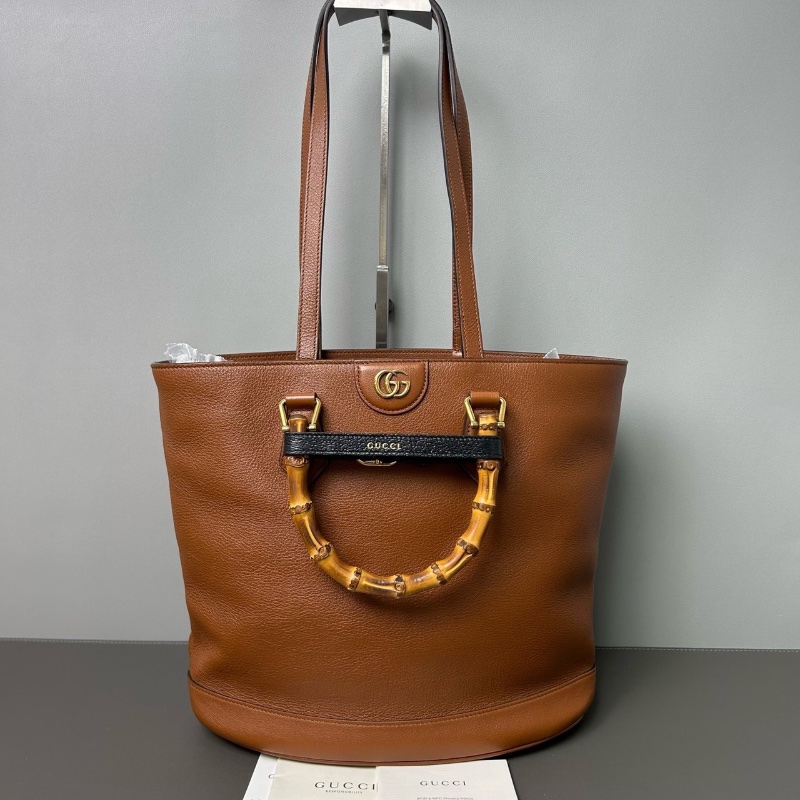 GUCCI Diana竹節托特包 棕色 皮革長肩帶可以腋下背30*14*26.5cm 98新配件塵袋-1
