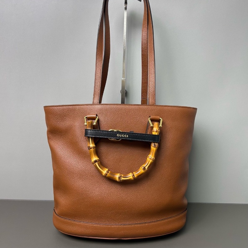 GUCCI Diana竹節托特包 棕色 皮革長肩帶可以腋下背30*14*26.5cm 98新配件塵袋-6