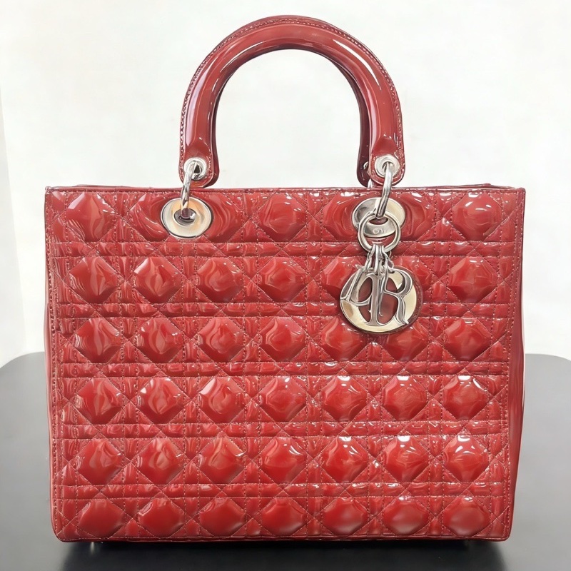 Dior經典款漆皮紅色7格黛妃包32*25 cm 98新配件塵袋-3