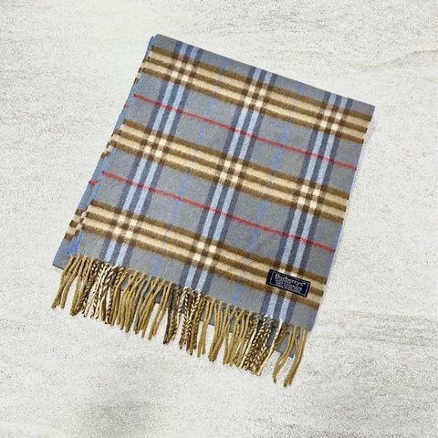 BURBERRY天藍棕色格紋羊絨圍巾 極美稀有✨