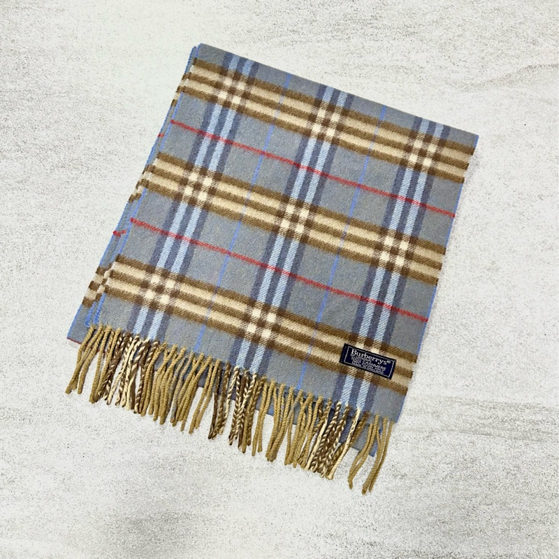 BURBERRY天藍棕色格紋羊絨圍巾 極美稀有✨-0