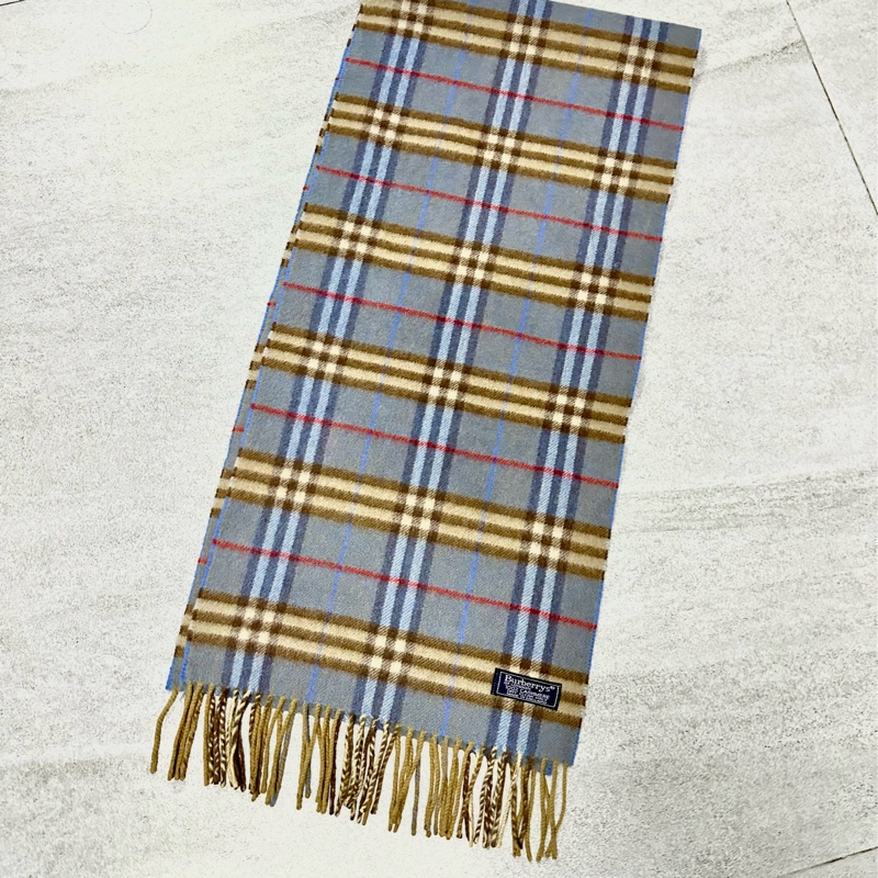 BURBERRY天藍棕色格紋羊絨圍巾 極美稀有✨-1