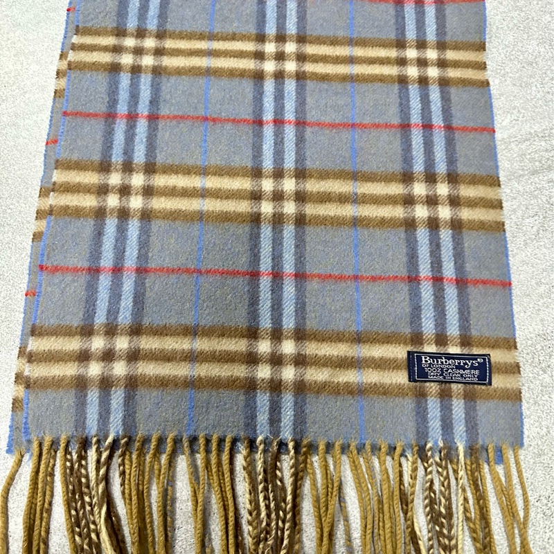 BURBERRY天藍棕色格紋羊絨圍巾 極美稀有✨-3