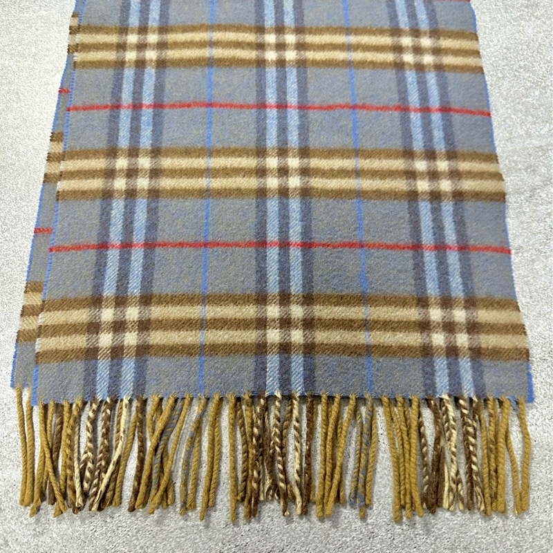 BURBERRY天藍棕色格紋羊絨圍巾 極美稀有✨-6