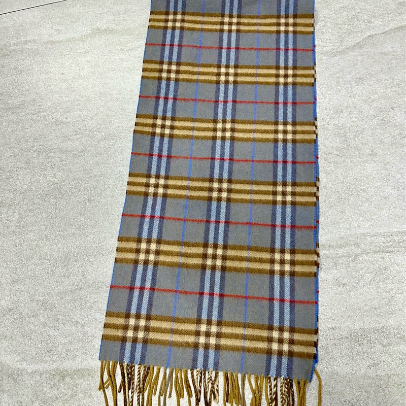 BURBERRY天藍棕色格紋羊絨圍巾 極美稀有✨-7