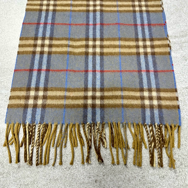 BURBERRY天藍棕色格紋羊絨圍巾 極美稀有✨-9