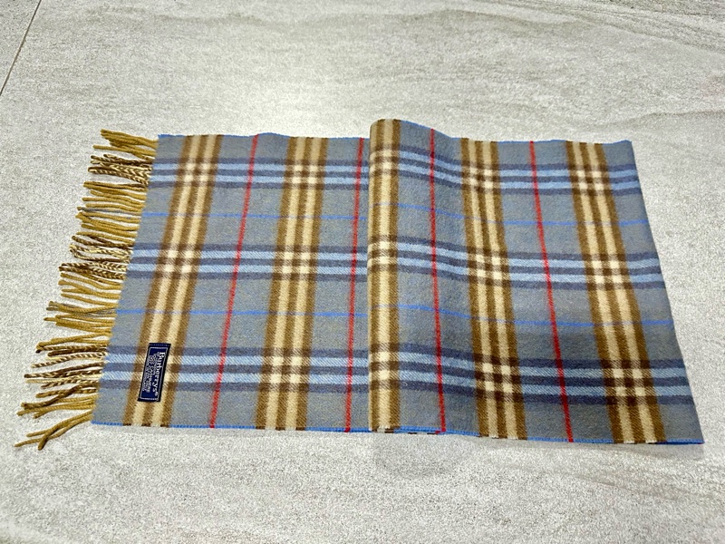 BURBERRY天藍棕色格紋羊絨圍巾 極美稀有✨-10