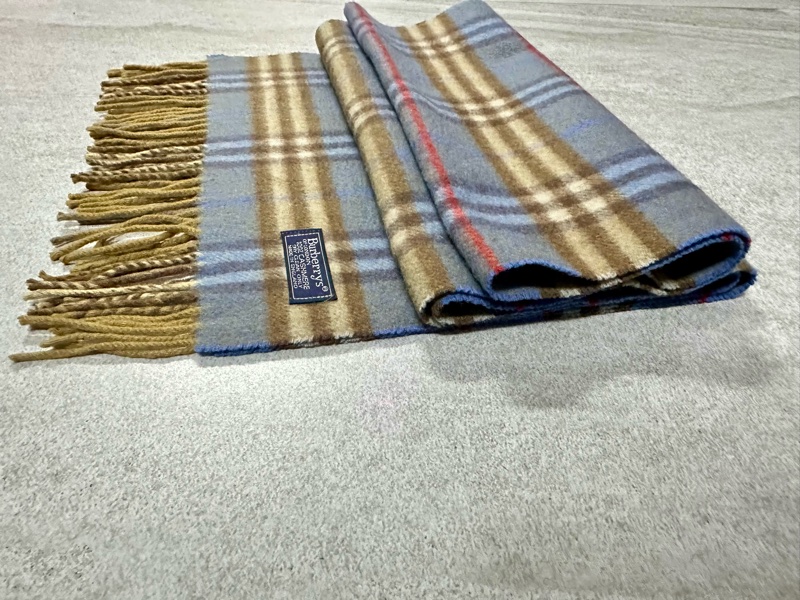 BURBERRY天藍棕色格紋羊絨圍巾 極美稀有✨-12