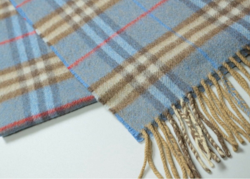 BURBERRY天藍棕色格紋羊絨圍巾 極美稀有✨-16