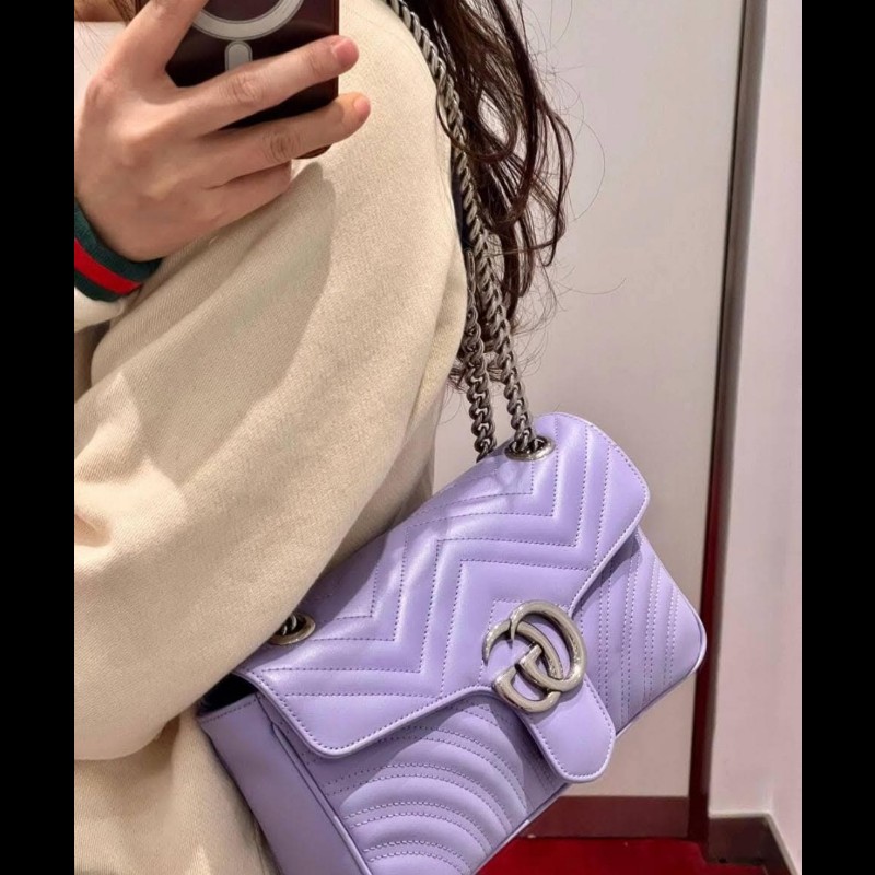 💜 Gucci GG Marmont 馬蒙 26cm 肩背包 斜背包 銀鍊-0