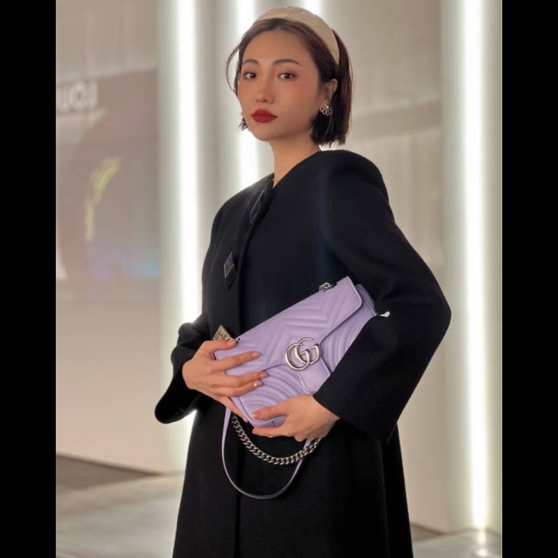 💜 Gucci GG Marmont 馬蒙 26cm 肩背包 斜背包 銀鍊-5