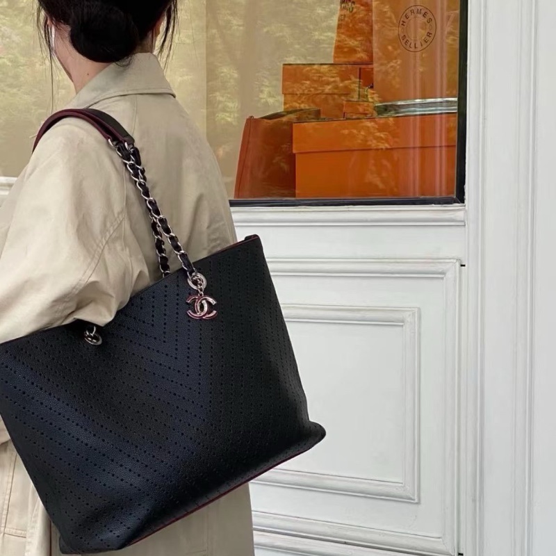 Chanel 鏤空子母購物袋黑色 銀扣 荔枝皮35*28*13 99新配件塵袋保卡-1