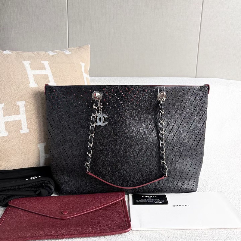 Chanel 鏤空子母購物袋黑色 銀扣 荔枝皮35*28*13 99新配件塵袋保卡-2