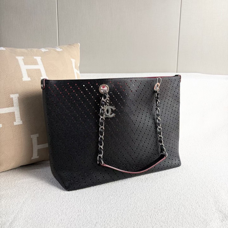 Chanel 鏤空子母購物袋黑色 銀扣 荔枝皮35*28*13 99新配件塵袋保卡-6