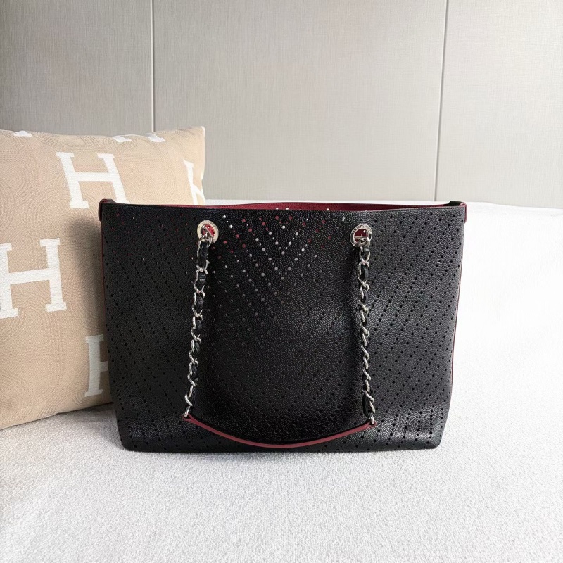 Chanel 鏤空子母購物袋黑色 銀扣 荔枝皮35*28*13 99新配件塵袋保卡-7