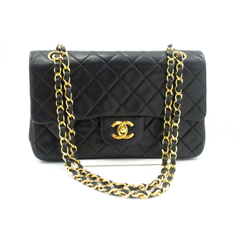 【日本直送】香奈兒經典雙蓋9吋鏈條單肩背包,黑色羊皮-1