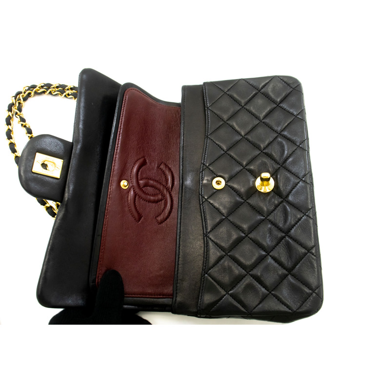 【日本直送】香奈兒經典雙蓋9吋鏈條單肩背包,黑色羊皮-10