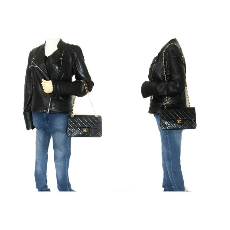 【日本直送】香奈兒經典雙蓋9吋鏈條單肩背包,黑色羊皮-11