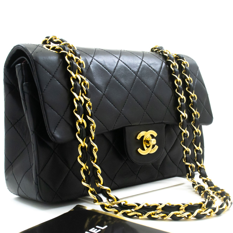 【日本直送】香奈兒經典雙蓋9吋鏈條單肩背包，黑色羊皮-0