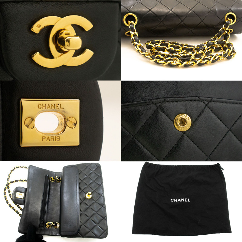 【日本直送】香奈兒經典雙蓋9吋鏈條單肩背包，黑色羊皮-6