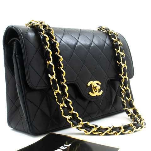 香奈兒經典雙蓋鏈條肩背包 黑色小羊皮菱格紋